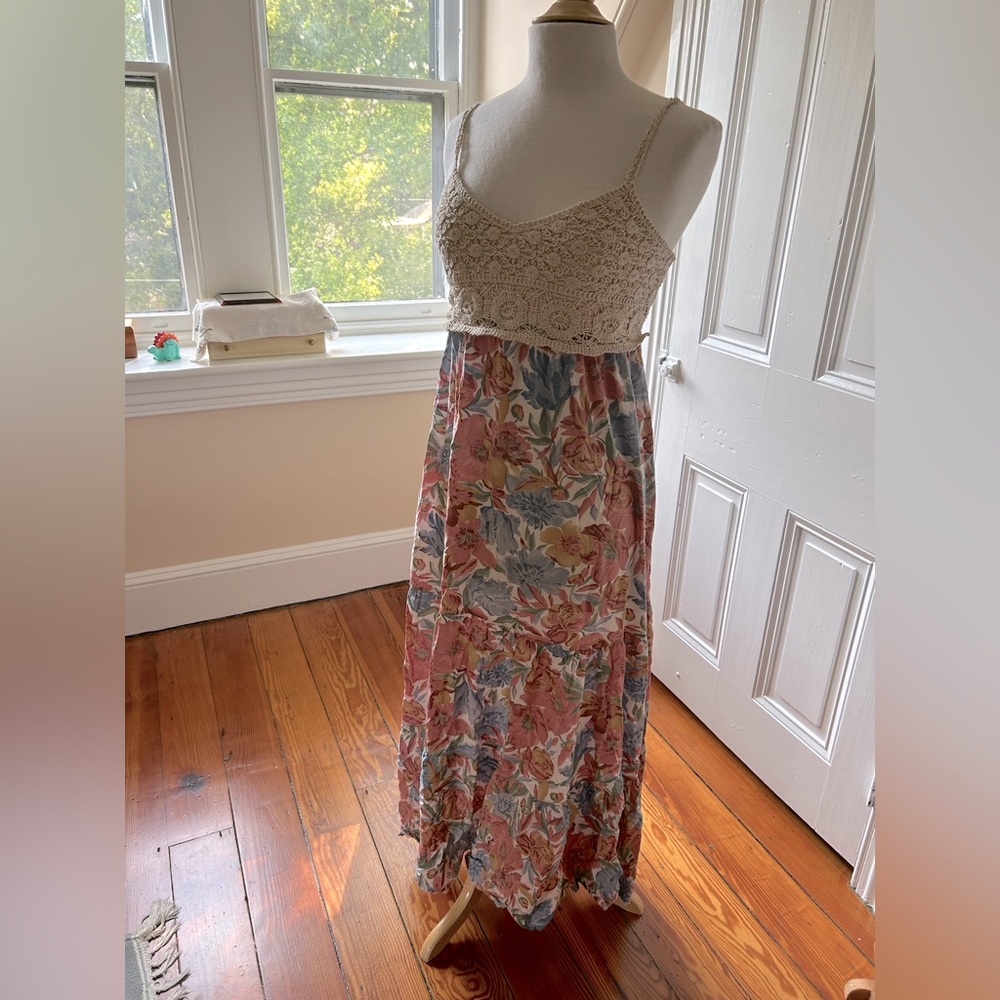 Small size maxi sundress, crochet top/chest area, primarily floral print
